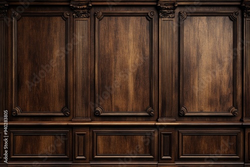 Classic cabinet wall of brown wood panels wallpaper, ai