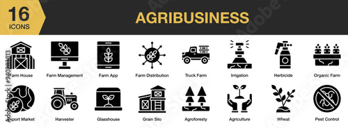 Agribusiness Glyph icon set. Includes agriculture, agroforesty, export, farm, and More. Solid icons vector collection.