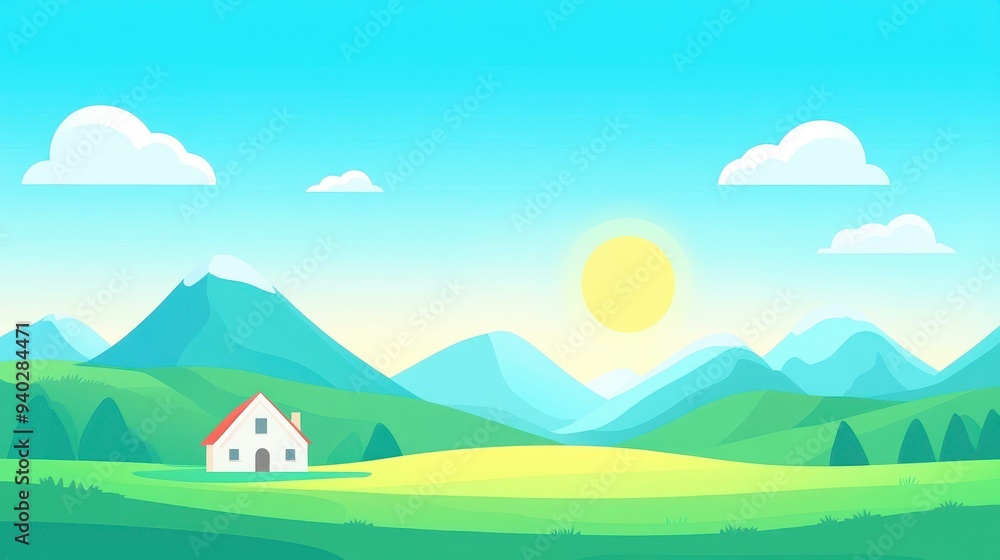Fototapeta premium Vibrant flat design landscape featuring a house, hills, mountains, and a bright sun, set against a blue sky.