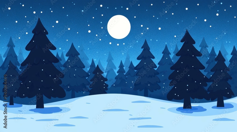 Obraz premium A serene winter forest scene bathed in moonlight, featuring charming trees and a tranquil night sky in a flat cartoon style.