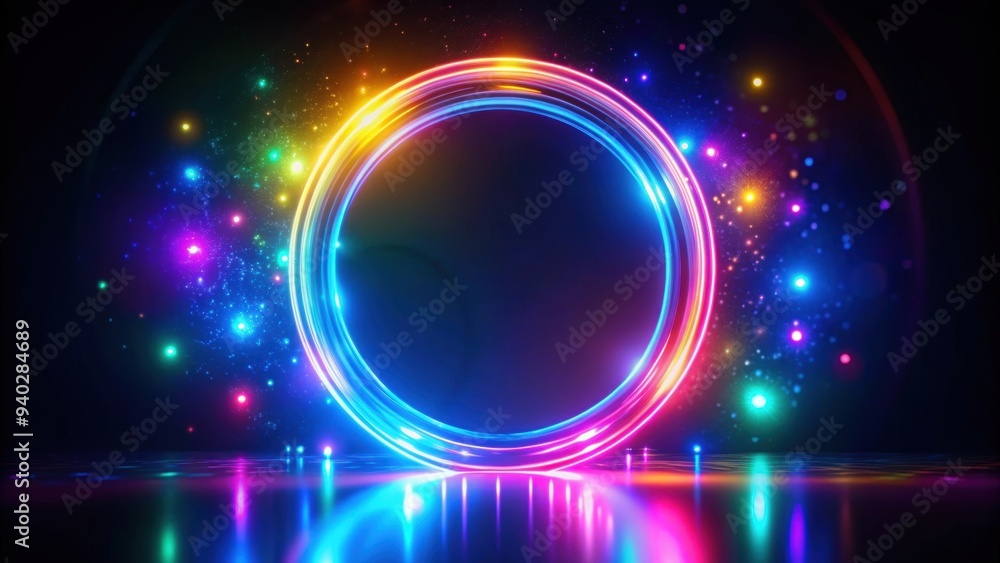 Obraz premium Vibrant glowing neon rings with bokeh lights reflection on dark background, bright, colorful, neon, glowing, reflective