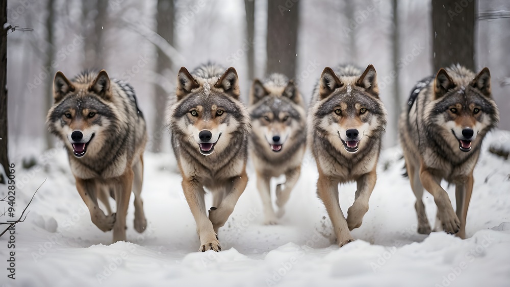 A wolf pack running through a snow-covered forest, their breath visible in the cold air as they move swiftly between the trees, captured in a dynamic, high-speed shot. A wolf pack running through a snow-covered forest, their breath visible in the cold air as they move swiftly between the trees, captured in a dynamic, high-speed shot.