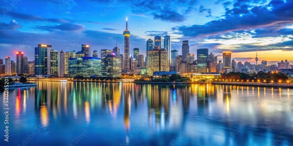 Fototapeta premium Beautiful cityscape during blue hour, blue hour, cityscape, buildings, architecture, night, evening, peaceful, urban, sky