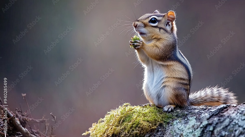 A small chipmunk sits on a mossy tree branch and eats a green nut. A small chipmunk sits on a mossy tree branch and eats a green nut.