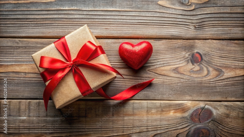 Valentine's day gift box with red ribbon and heart on wooden background, Valentine's day, gift box, red ribbon Valentine's day gift box with red ribbon and heart on wooden background, Valentine's day, gift box, red ribbon