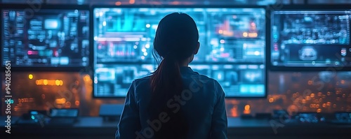 Woman in Front of Multiple Screens Showing Data - Digital Illustration