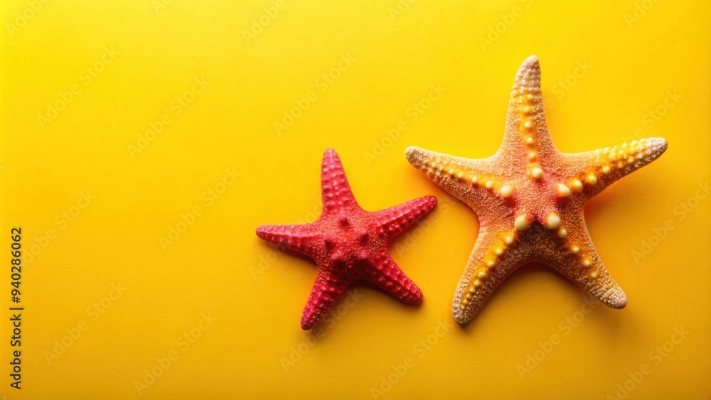Two vibrant starfish lying on a sunny yellow studio background, perfect for summer and beach-themed designs Two vibrant starfish lying on a sunny yellow studio background, perfect for summer and beach-themed designs