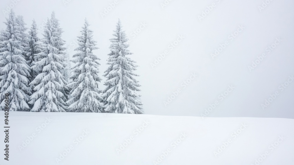 Fototapeta premium Serene Winter Scene: Mountain Landscape Covered in Heavy Snowfall