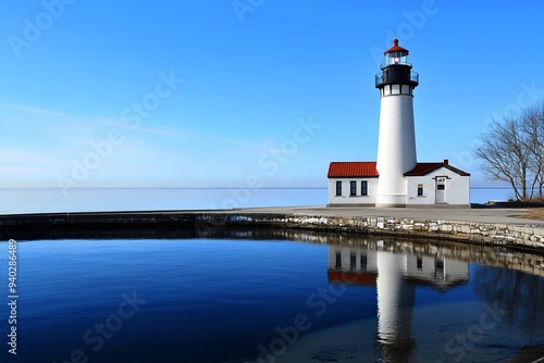 A white lighthouse with a red roof stands tall on a rocky shore overlooking a calm blue lake under a clear sky.