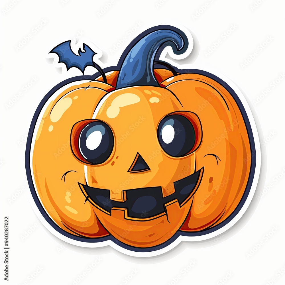 Jack-O-Lantern and Bat Sticker Design, Cute Creepy Halloween Decal Artwork Concept, October Pumpkin Art, Cartoon Horror Tshirt Illustration Jack-O-Lantern and Bat Sticker Design, Cute Creepy Halloween Decal Artwork Concept, October Pumpkin Art, Cartoon Horror Tshirt Illustration