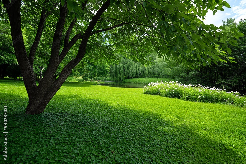 Obraz premium A sad willow tree in a forgotten garden, surrounded by overgrown grass and wildflowers, with a sense of peaceful solitude