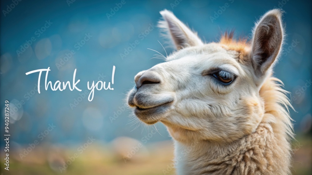 Obraz premium Funny thank you card featuring a cute lama giving a kiss, funny, thank you, card, lama, kiss, cute, animal, love