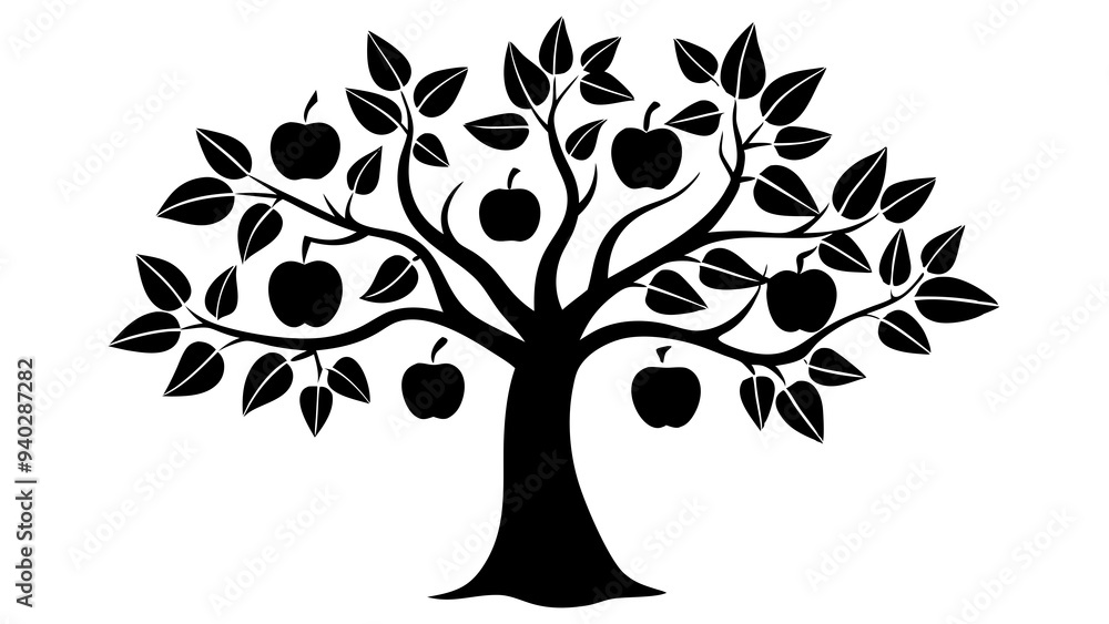 Detailed Apple Tree with Fruit: Classic Black and White Illustration for Prints Detailed Apple Tree with Fruit: Classic Black and White Illustration for Prints