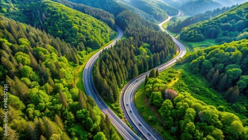 Aerial view of a highway winding through lush green forests in the mountains, highway, road, aerial view