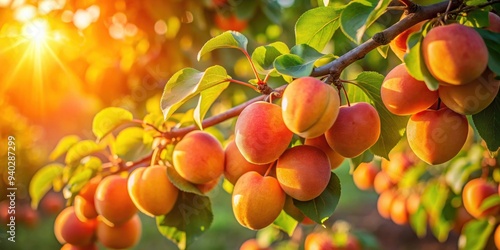 Close-up of ripe apricots glowing in the golden hour light in Francop, Hamburg, Germany, apricots, golden hour, close-up, ripe