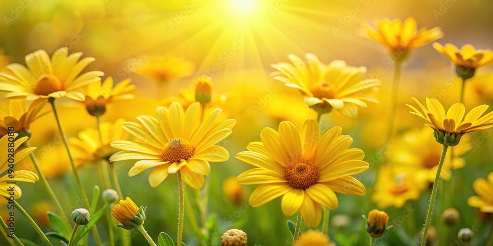 Obraz premium Yellow daisies blooming in a field under the sun, flowers, nature, yellow, petals, daisies, garden, spring, bright, sunny