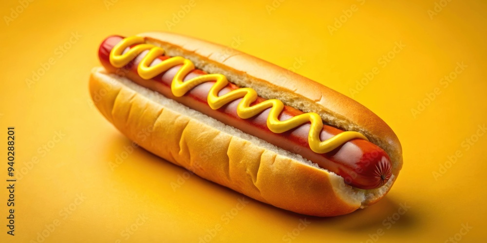 Perfectly grilled hot dog topped with mustard on a bright yellow background, grilled, hot dog, mustard, condiment, yellow Perfectly grilled hot dog topped with mustard on a bright yellow background, grilled, hot dog, mustard, condiment, yellow