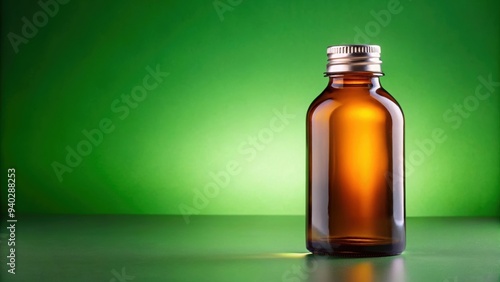 Amber glass bottle with silver cap displayed on a green background, product photography