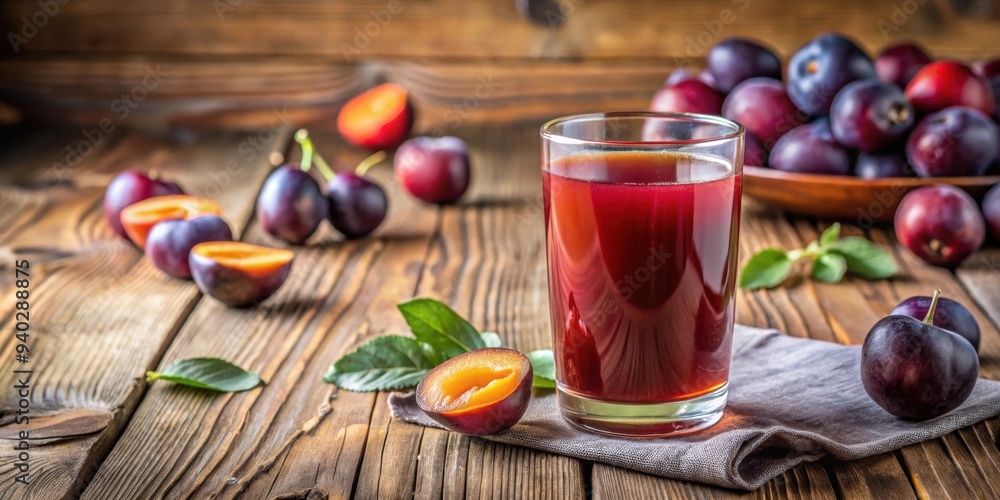 Plum juice in a glass on a wooden table, plum, juice, fruit, glass, refreshing, beverage, healthy, drink, wooden, table Plum juice in a glass on a wooden table, plum, juice, fruit, glass, refreshing, beverage, healthy, drink, wooden, table