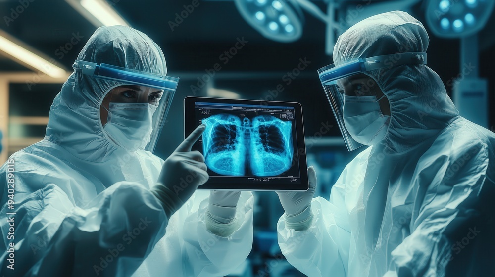 Doctors in Protective Gear Reviewing X-Ray. Medical professionals wearing full protective suits and face shields, examining a digital chest X-ray in a hospital setting. Doctors in Protective Gear Reviewing X-Ray. Medical professionals wearing full protective suits and face shields, examining a digital chest X-ray in a hospital setting.