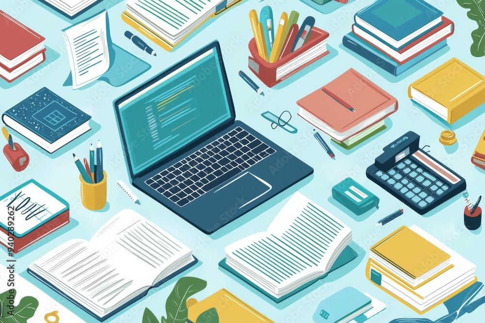Illustration of educational learning tools set on table created with Generative AI Illustration of educational learning tools set on table created with Generative AI