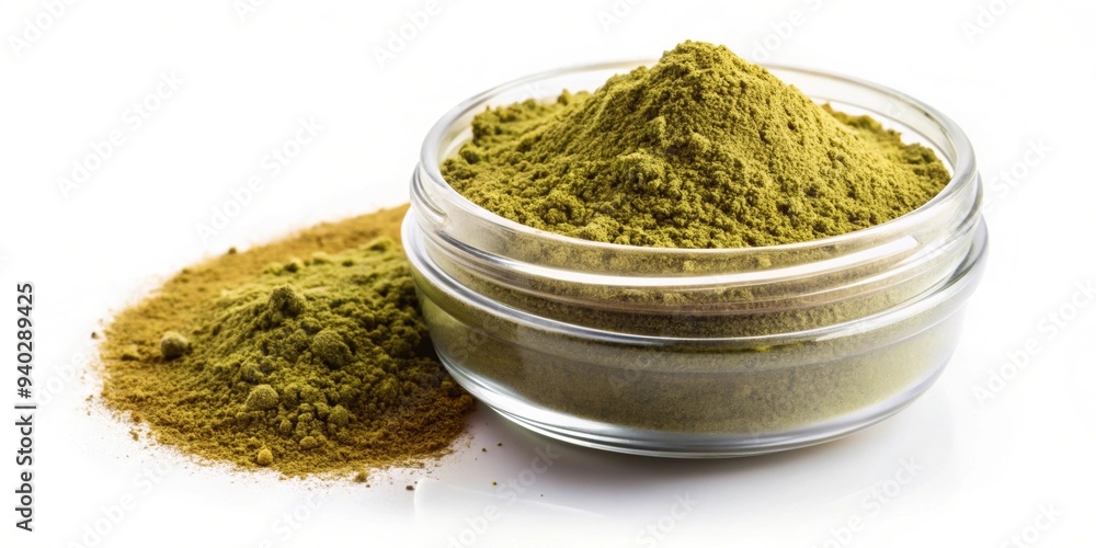 Kratom powder in a container on a white background, Kratom, Mitragyna speciosa, herbal supplement Kratom powder in a container on a white background, Kratom, Mitragyna speciosa, herbal supplement