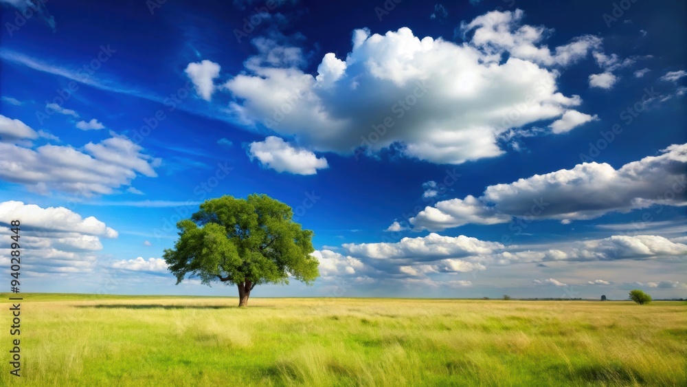 Wide open grassland and tree landscape with clear blue sky, white fluffy clouds, and a distant horizon , grassland, tree, landscape Wide open grassland and tree landscape with clear blue sky, white fluffy clouds, and a distant horizon , grassland, tree, landscape