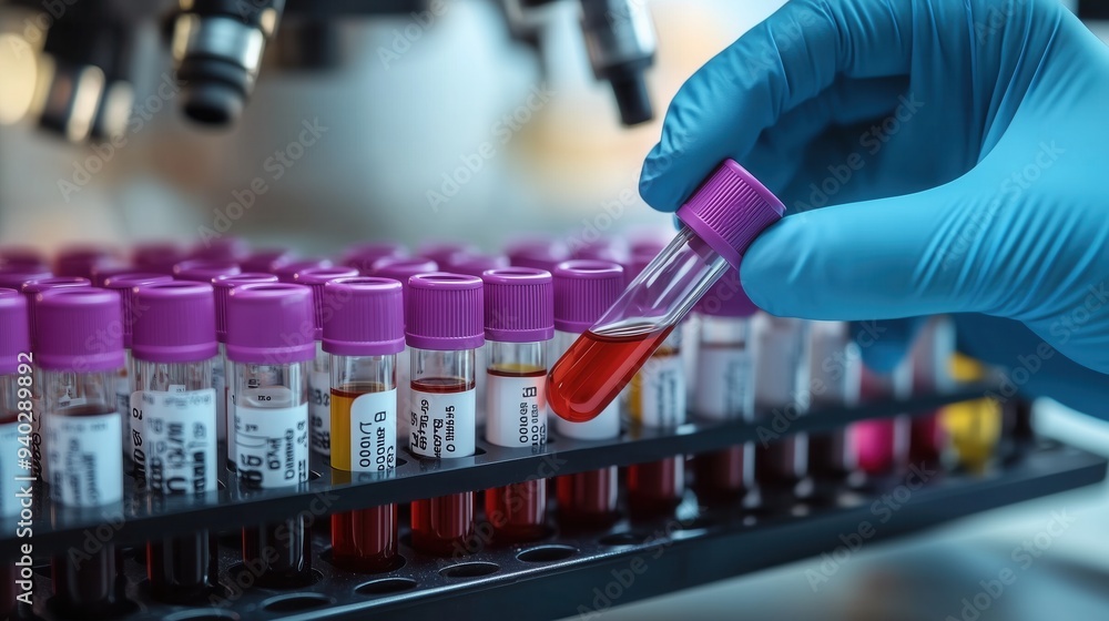 Lab Technician Handling Blood Sample Vials. Gloved hand carefully handling a blood sample vial from a rack in a medical laboratory, emphasizing precision and safety.