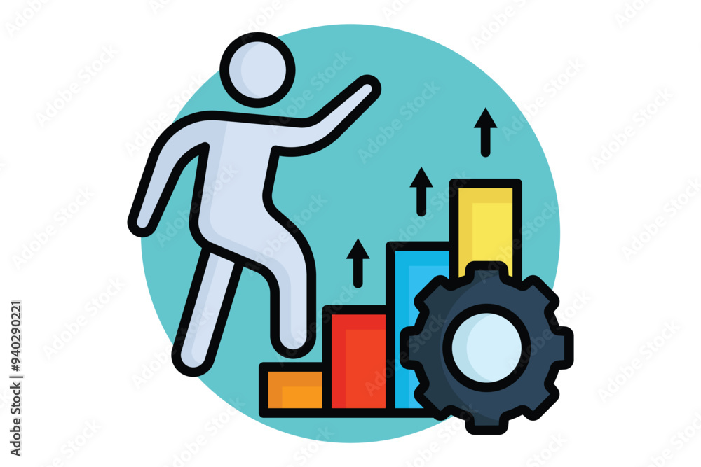 Process improvement colored outline icon. people climb charts and gear. icon related to efficiency. productivity elements vector illustration Process improvement colored outline icon. people climb charts and gear. icon related to efficiency. productivity elements vector illustration