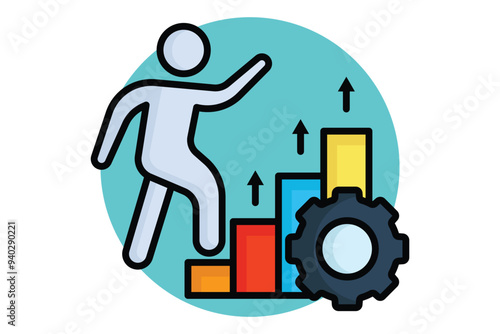 Process improvement colored outline icon. people climb charts and gear. icon related to efficiency. productivity elements vector illustration