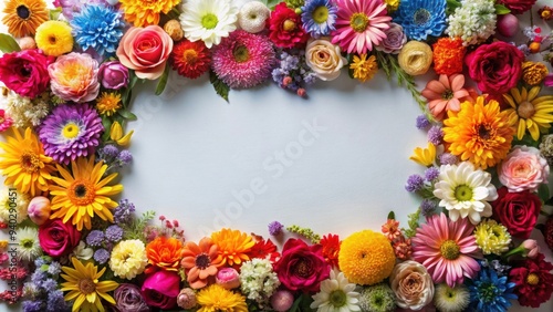Fototapeta Naklejka Na Ścianę i Meble -  Colorful frame made of various flowers on clear background, flowers, frame, colorful, vibrant, nature, background