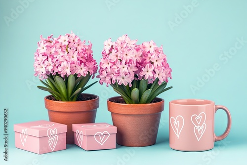 Wallpaper Mural Two potted pink hyacinths, a pink mug with heart design, and two pink gift boxes with heart designs, on a light blue background. Torontodigital.ca