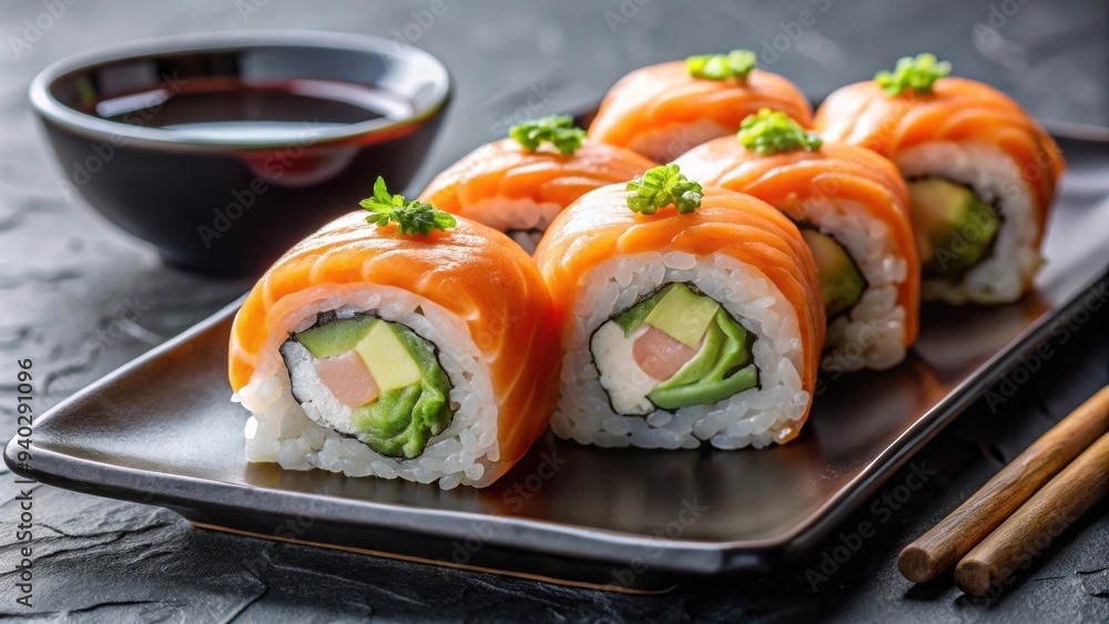 Close-up of sliced salmon sushi roll with soy sauce and wasabi on a black plate, minimalist styling, sushi, salmon Close-up of sliced salmon sushi roll with soy sauce and wasabi on a black plate, minimalist styling, sushi, salmon