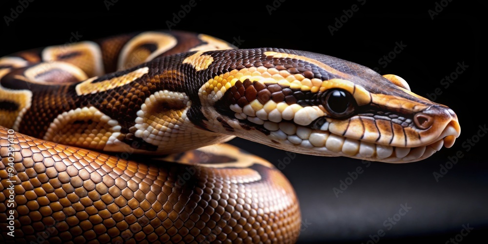 Macro photograph of a fierce Ball Python showcasing predatory instincts and reptilian anatomy in a dark background Macro photograph of a fierce Ball Python showcasing predatory instincts and reptilian anatomy in a dark background