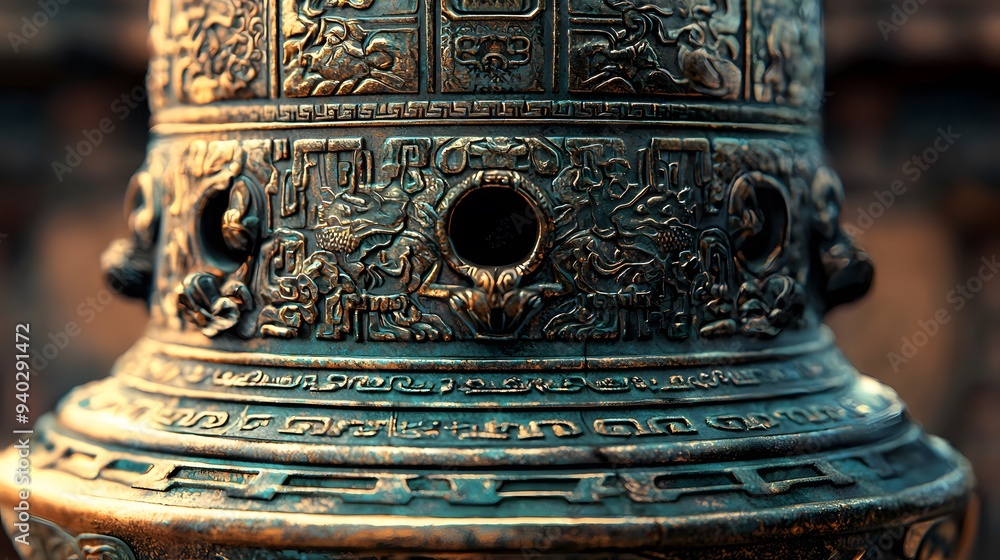 Closeup of a Traditional Asian Bell with Intricate Carvings. Closeup of a Traditional Asian Bell with Intricate Carvings.