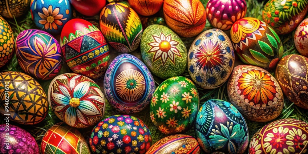 Vibrant display of intricately decorated Easter eggs showcasing the beauty of nature , Easter, eggs, jeweled, colorful, decorations Vibrant display of intricately decorated Easter eggs showcasing the beauty of nature , Easter, eggs, jeweled, colorful, decorations