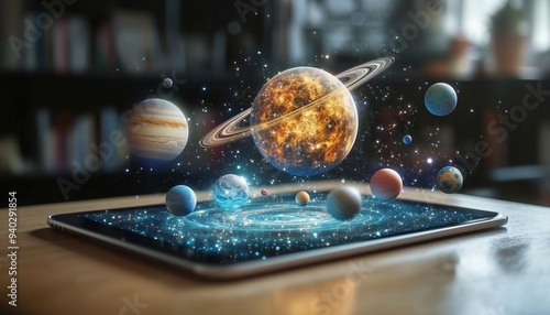 A tablet on a classroom desk displays an augmented reality solar system, showcasing planets in vivid detail, enhancing interactive digital learning. photo