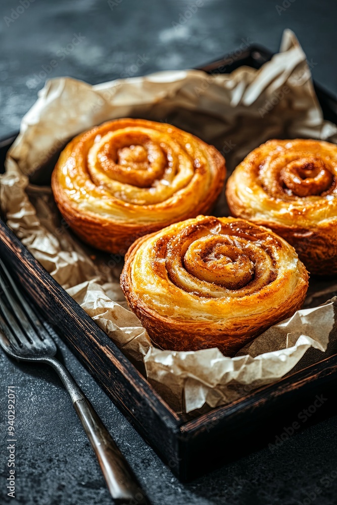 Three golden-brown cinnamon rolls in a wooden crate on a dark background. Three golden-brown cinnamon rolls in a wooden crate on a dark background.