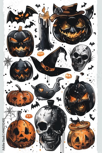 Cute Creepy Halloween Sticker Pack Design, Scary Pumpkins Black Cat Illustrations, Ghosts and Ghoul Art, Fun Bats and Jack-O-Lantern Concept, Cartoon Horror Drawing Collection photo