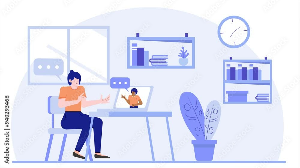 a woman in virtual meeting at modern workspace illustration business animated video a woman in virtual meeting at modern workspace illustration business animated video