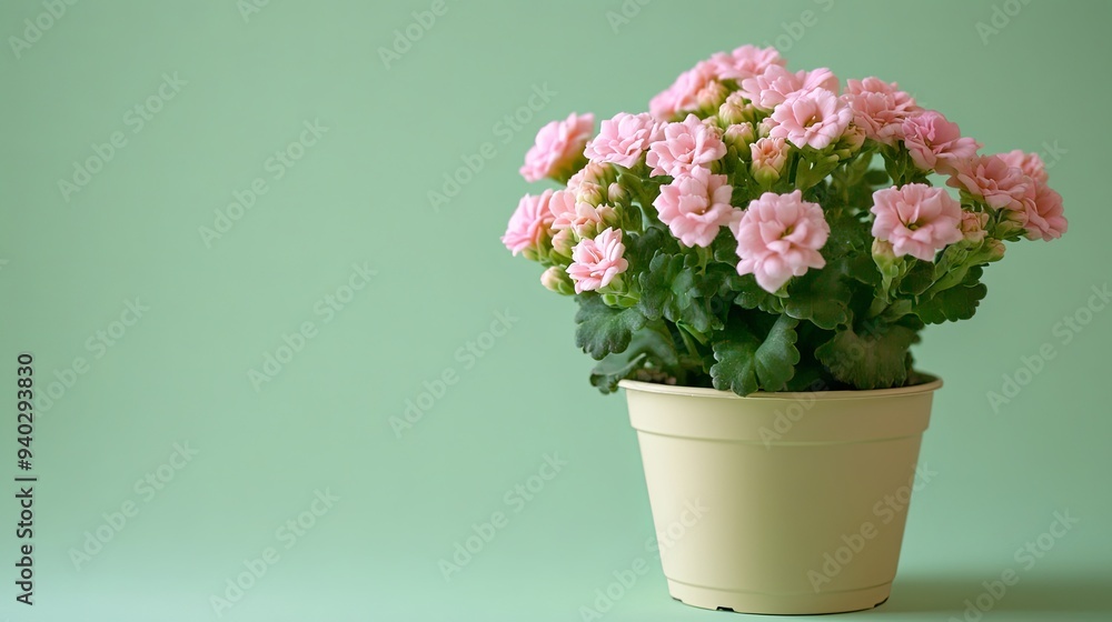 Fototapeta premium Pink flowers in a pot against a green background.