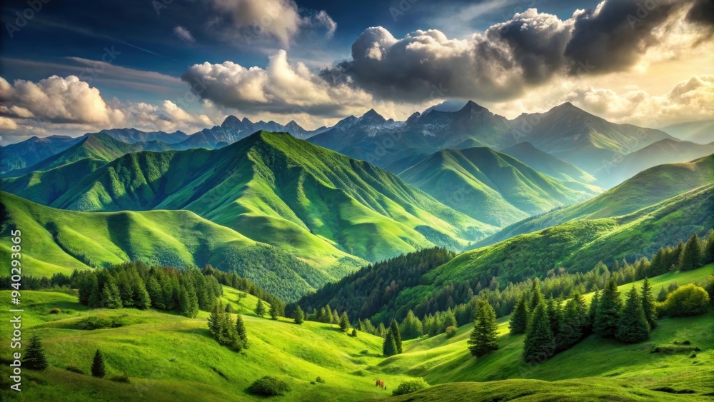 Mountain landscape with lush green summer mountains , mountains, landscape, green, nature, scenery, outdoor, summer, peaks Mountain landscape with lush green summer mountains , mountains, landscape, green, nature, scenery, outdoor, summer, peaks