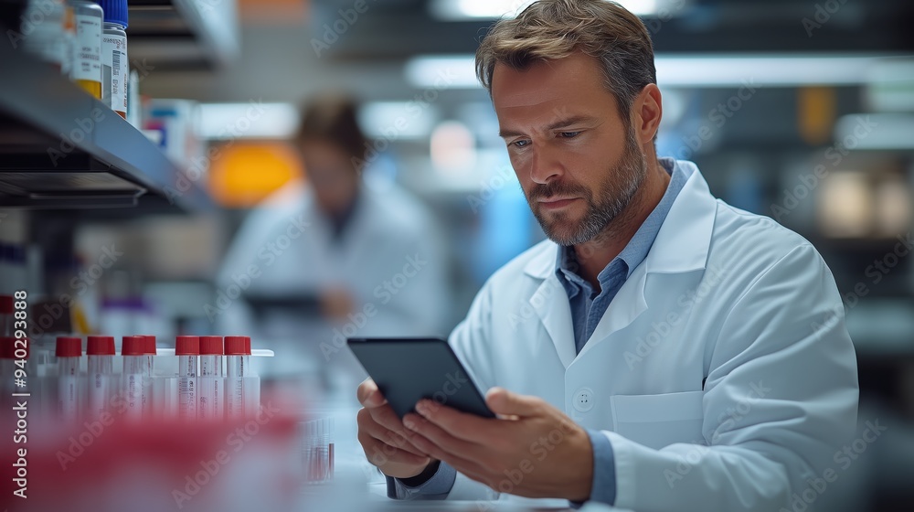 Scientist Using Tablet in Research Lab. Focused scientist wearing a lab coat uses a tablet to review data in a laboratory filled with test samples, highlighting modern research methods. Scientist Using Tablet in Research Lab. Focused scientist wearing a lab coat uses a tablet to review data in a laboratory filled with test samples, highlighting modern research methods.