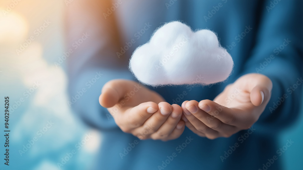A person holds a fluffy cloud above both hands in a bright, uplifting environment, symbolizing imagination or creativity. A person holds a fluffy cloud above both hands in a bright, uplifting environment, symbolizing imagination or creativity.