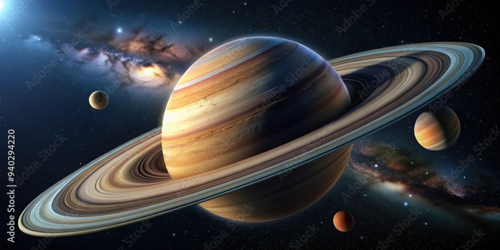 Fototapeta premium Gas giant with distinctive rings and multiple moons, Saturn, planet, rings, space, astronomy, solar system, gas giant