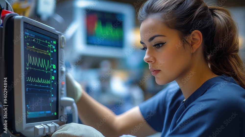 Nurse Adjusting Patient Monitor Settings. Focused nurse adjusts settings on a patient’s monitor in a hospital environment, emphasizing attention to patient care and vital sign monitoring. Nurse Adjusting Patient Monitor Settings. Focused nurse adjusts settings on a patient’s monitor in a hospital environment, emphasizing attention to patient care and vital sign monitoring.