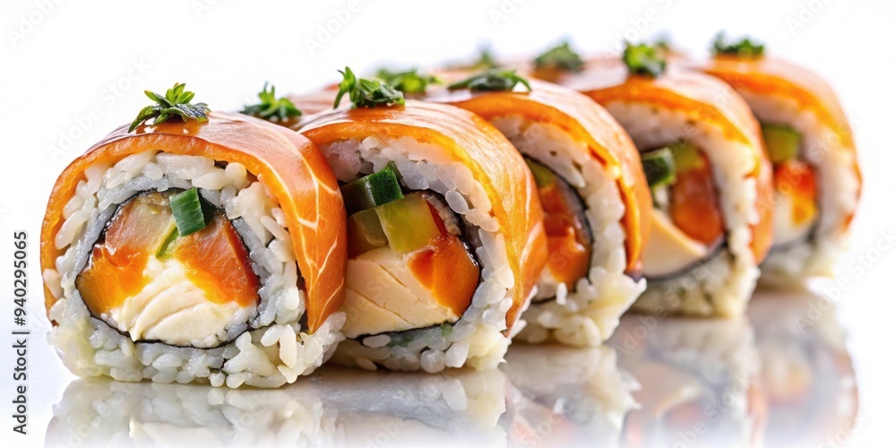 Sushi roll with salmon, rice, fried sweet potato, cheese, and seaweed for delivery Sushi roll with salmon, rice, fried sweet potato, cheese, and seaweed for delivery