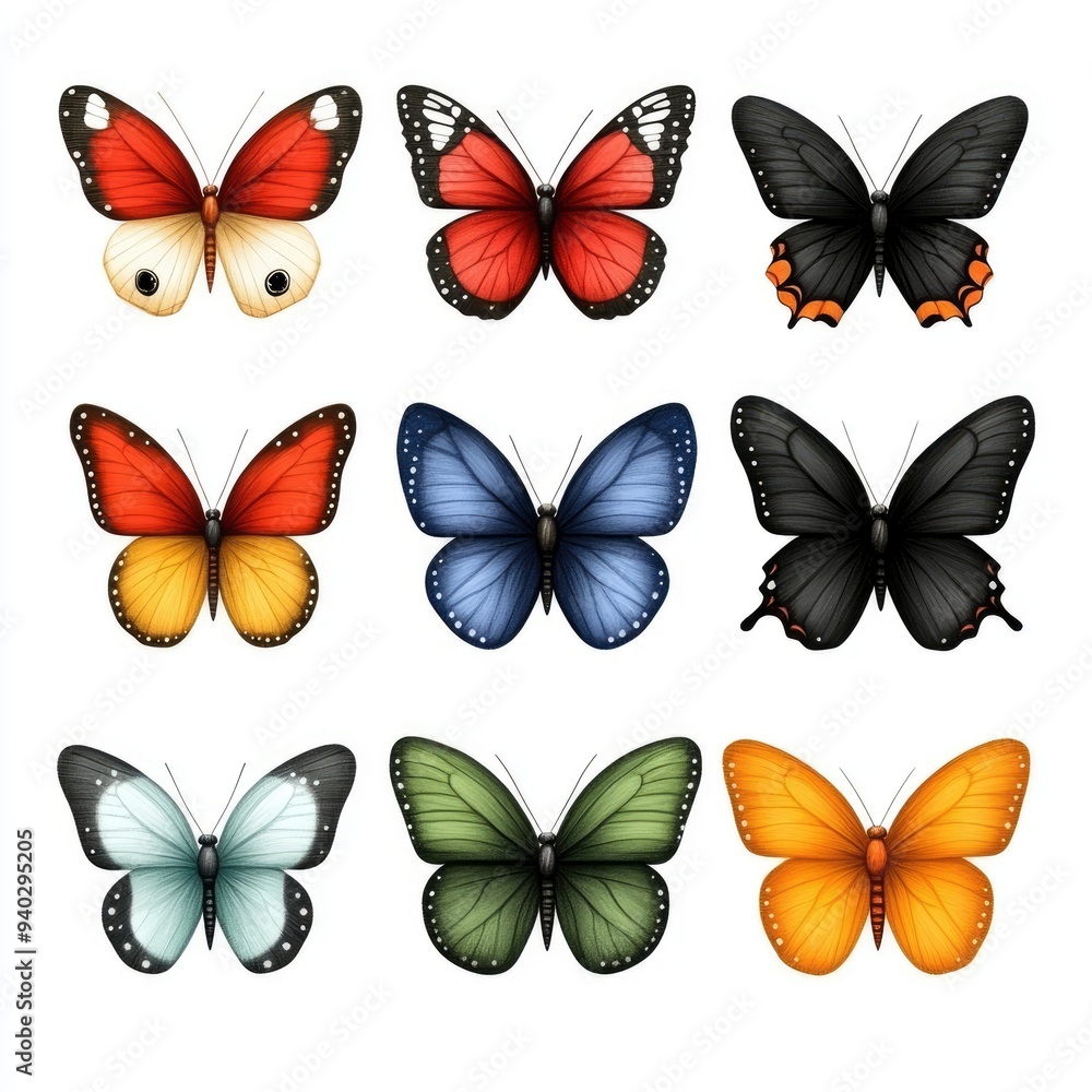 Nine Colorful Butterflies Isolated on White Background Nine Colorful Butterflies Isolated on White Background