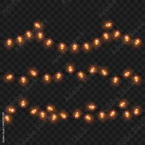 Warm orange string lights on dark background, creating a cozy ambiance. Vector illustration