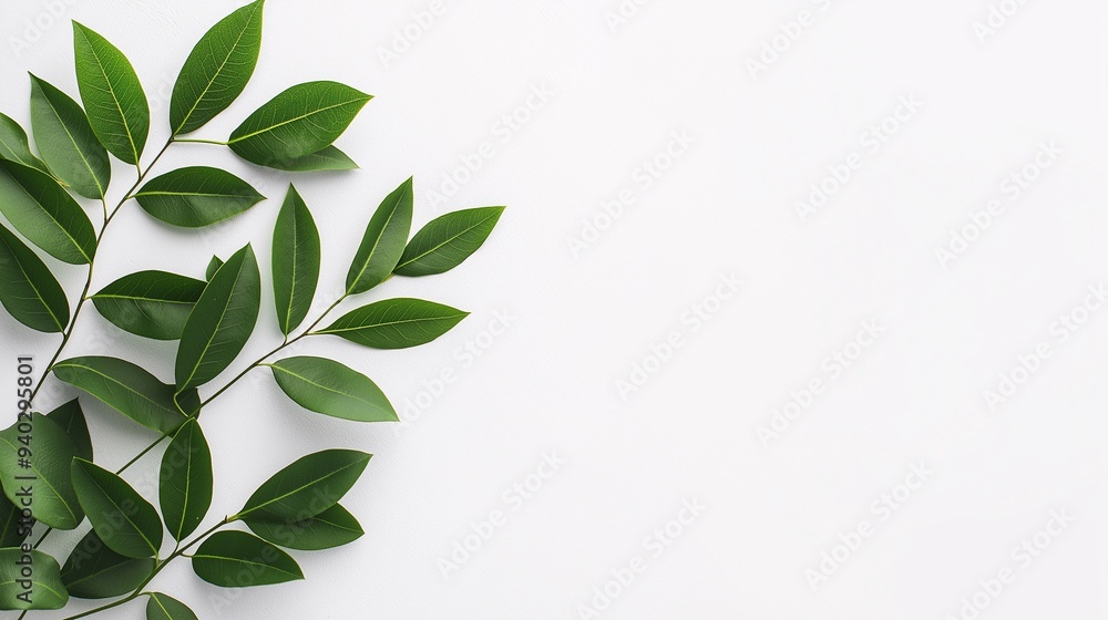 Green Leaves Minimalist Background: A simple yet elegant arrangement of green leaves against a clean white backdrop, perfect for showcasing your products, branding Green Leaves Minimalist Background: A simple yet elegant arrangement of green leaves against a clean white backdrop, perfect for showcasing your products, branding